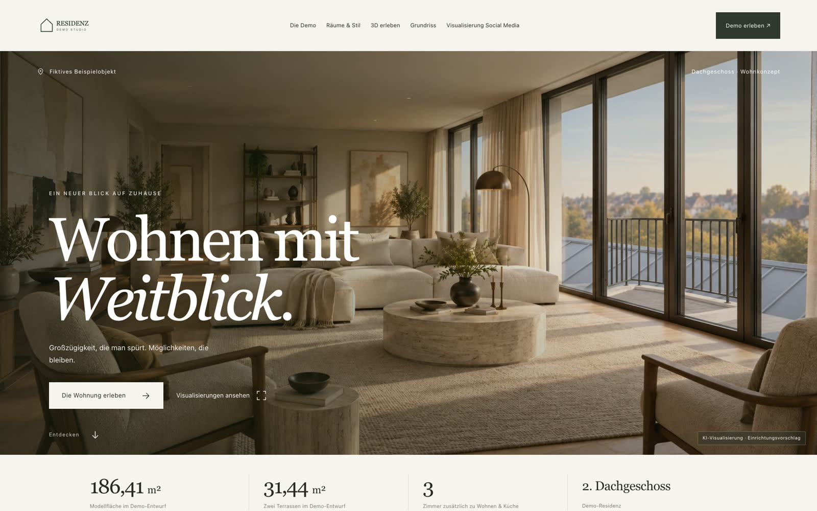 Startseite der Demo-Vermarktungsseite mit KI-Visualisierung des Wohnzimmers