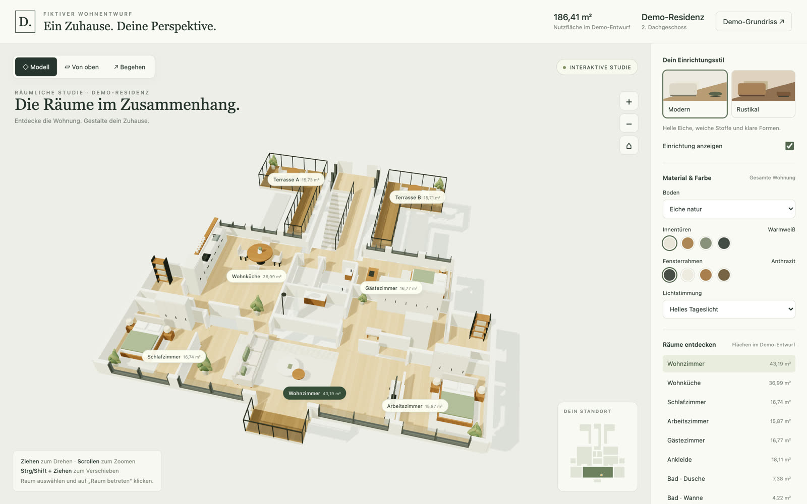 Gesamte Wohnung als 3D-Modell mit Materialauswahl